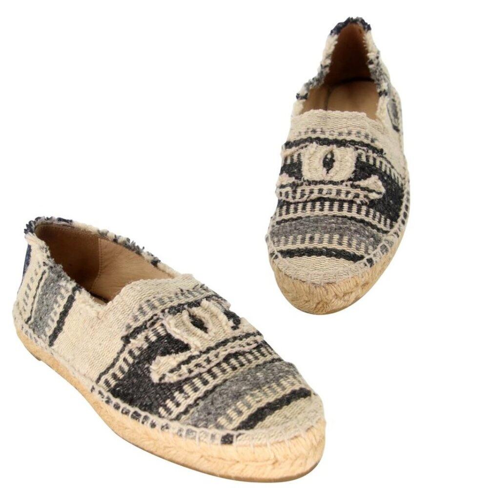 Chanel Espadrille 37 Striped Woven Canvas Cap Toe Cc Flats CC-0503N-0144